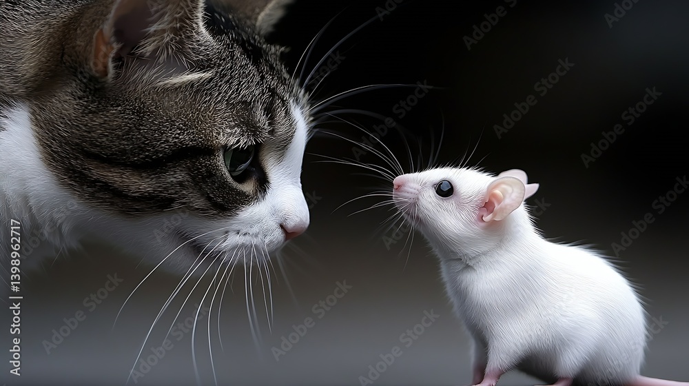 A delightful close-up of a curious cat and a small mouse showcasing an engaging encounter : Generative AI