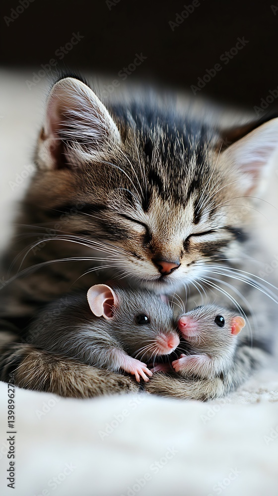 Two small gray mice snugly embraced by a sleeping kitten in a heartwarming display of friendship : Generative AI