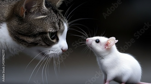 Obraz na płótnie A delightful close-up of a curious cat and a small mouse showcasing an engaging encounter : Generative AI w salonie