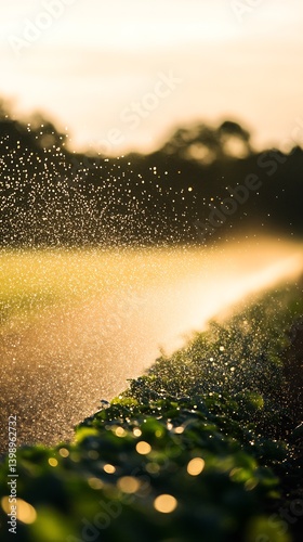 Enchanting View of Water Sprinkling Over Fresh Green Crop Rows Under a Glowing Sun for Agricultural Visuals : Generative AI