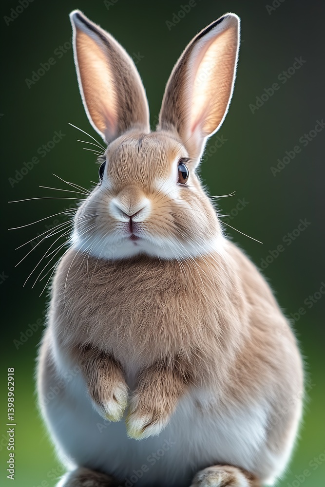 Charming Frontal View of a Soft Bunny Sitting Comfortably with a Gentle Expression in Nature : Generative AI