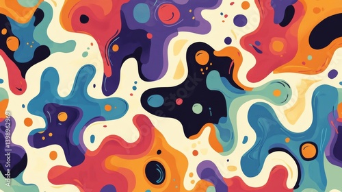 Cartoon kid seamless pattern featuring multicolor clouds and liquid amoeba-shaped forms. 