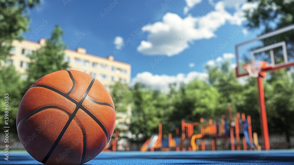 Vibrant basketball on a blue court with playground and tree scenery in the background under a clear sky : Generative AI