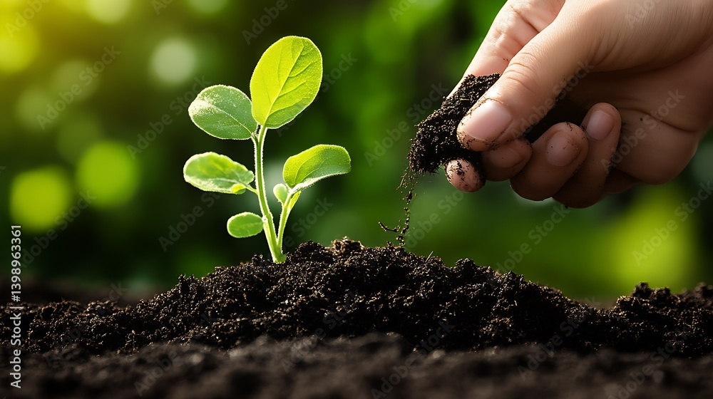 Hands Planting a Young Green Seedling in Dark Rich Soil Under Soft Natural Light : Generative AI