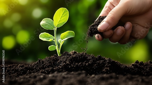 Obraz na płótnie Hands Planting a Young Green Seedling in Dark Rich Soil Under Soft Natural Light : Generative AI w salonie
