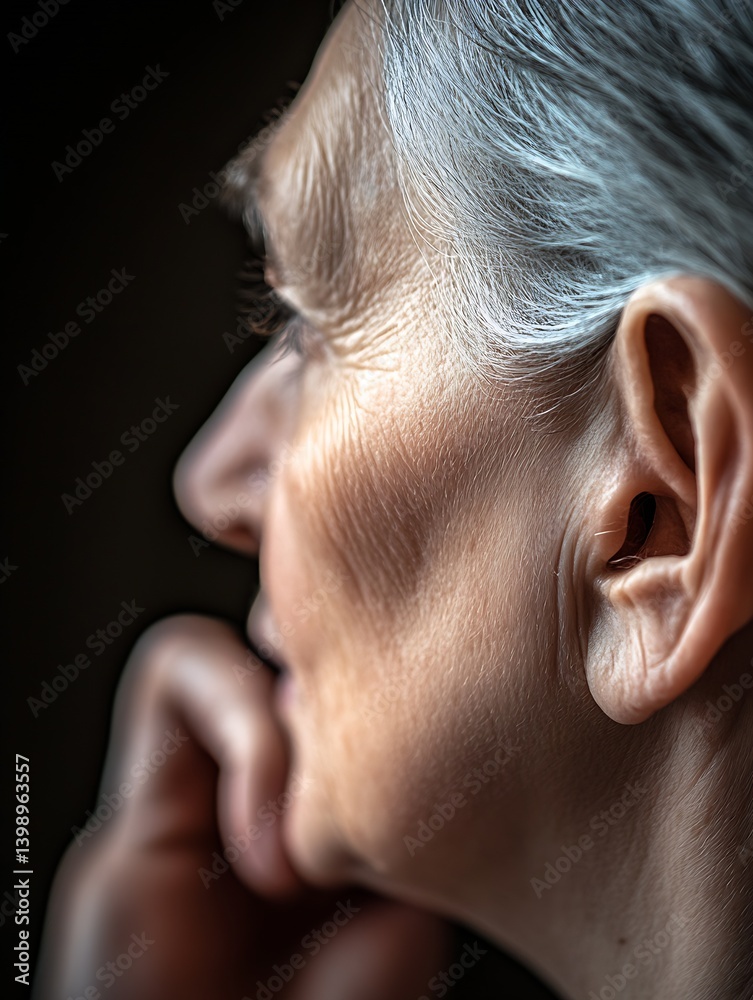 Profile view of an elderly person deep in thought showcasing facial features and listening posture : Generative AI