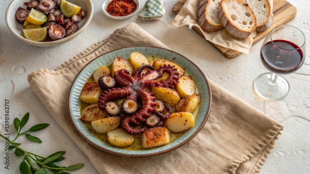 Pulpo a la gallega with potatoes and paprika on rustic plate Pulpo a la gallega with potatoes and paprika on rustic plate