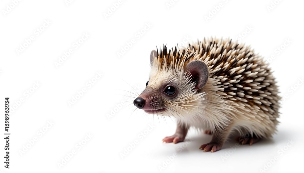 Close-up of a solitary hedgehog on a bright white backdrop, portrait, mammal Close-up of a solitary hedgehog on a bright white backdrop, portrait, mammal