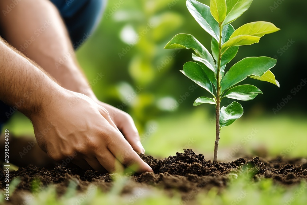 Hands of a Gardener Gently Planting a Young Tree into the Ground with Care and Attention : Generative AI