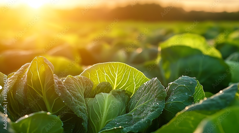 Vibrant Green Cabbage Leaves in a Sunlit Field with Dew Drops Sparkling at Dawn : Generative AI