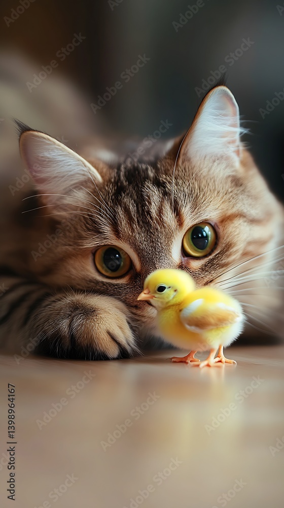 A playful kitten eyes a small yellow chick in a charming indoor atmosphere on the wooden floor : Generative AI