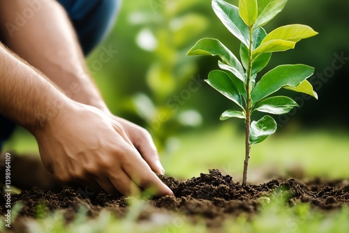Obraz na płótnie Hands of a Gardener Gently Planting a Young Tree into the Ground with Care and Attention : Generative AI w salonie
