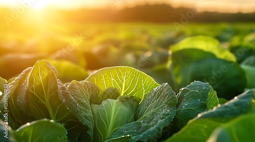 Obraz na płótnie Vibrant Green Cabbage Leaves in a Sunlit Field with Dew Drops Sparkling at Dawn : Generative AI w salonie