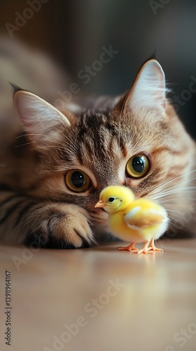 Obraz na płótnie A playful kitten eyes a small yellow chick in a charming indoor atmosphere on the wooden floor : Generative AI w salonie