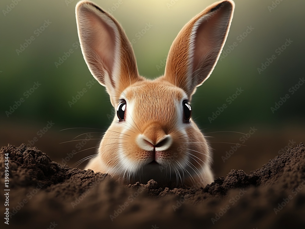 Beautiful brown rabbit emerging from soft earth with a blurred green background creating a serene scene : Generative AI