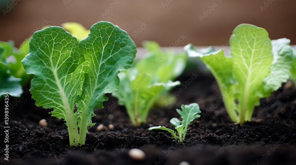 A diverse array of young lettuce plants showcasing growth in rich soil under natural light conditions : Generative AI