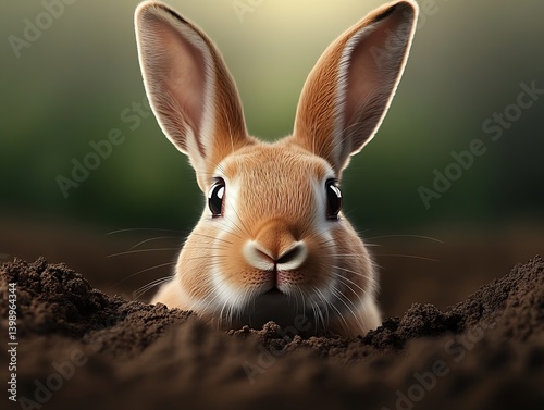 Obraz na płótnie Beautiful brown rabbit emerging from soft earth with a blurred green background creating a serene scene : Generative AI w salonie