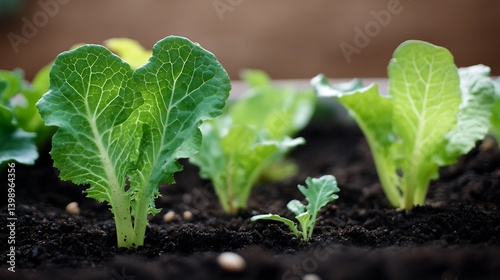 Obraz na płótnie A diverse array of young lettuce plants showcasing growth in rich soil under natural light conditions : Generative AI w salonie