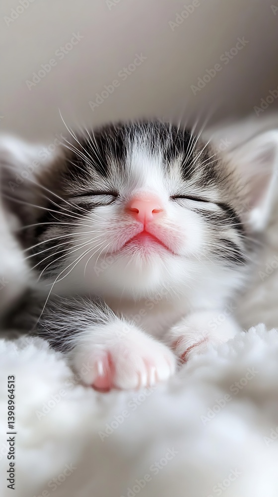 Charming tiny kitten with closed eyes and cute pink lips resting on plush surface : Generative AI