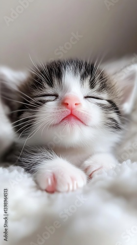 Obraz na płótnie Charming tiny kitten with closed eyes and cute pink lips resting on plush surface : Generative AI w salonie