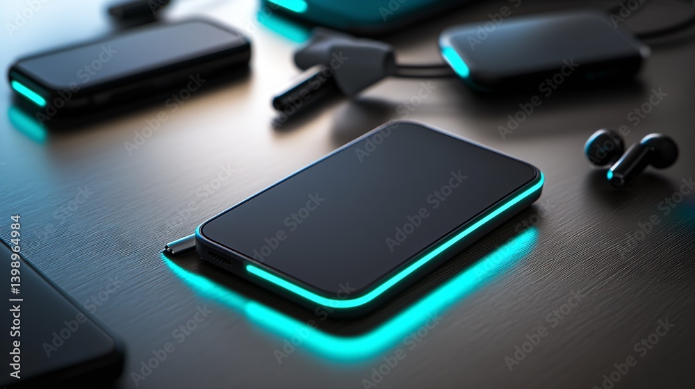 Contemporary Mobile Phone with Soft Glowing Edge Resting on a Stylish Desk Surrounded by Accessories : Generative AI