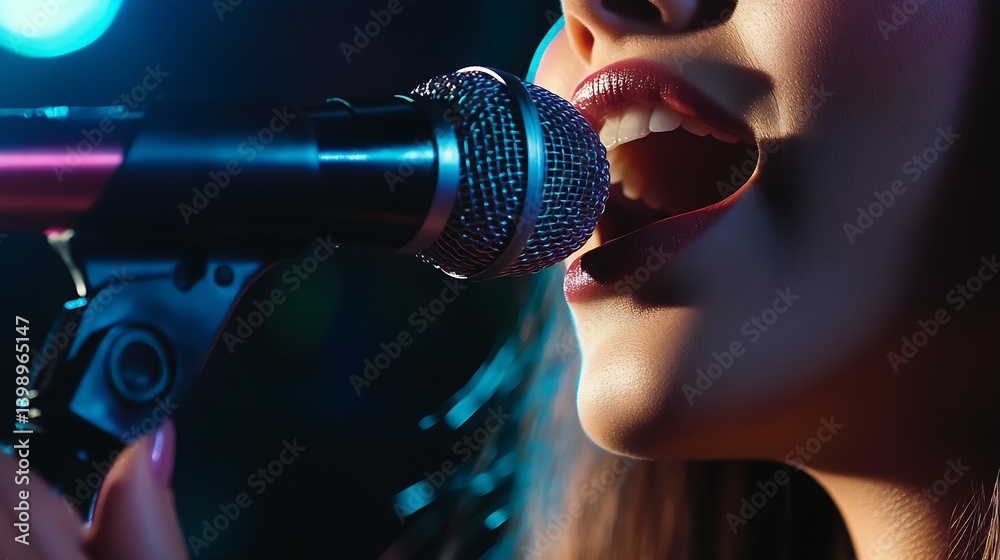 Close-up Shot of a Female Vocalist Holding a Microphone While Singing with Passion : Generative AI