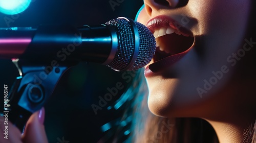 Close-up Shot of a Female Vocalist Holding a Microphone While Singing with Passion : Generative AI