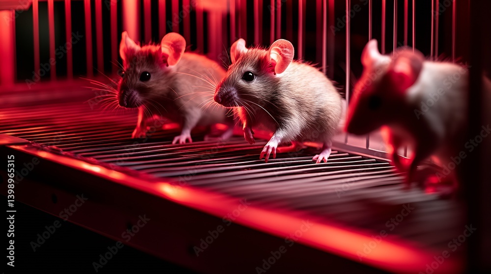 Three charming brown mice moving along a cage wire under soft red lighting creating a cozy atmosphere : Generative AI