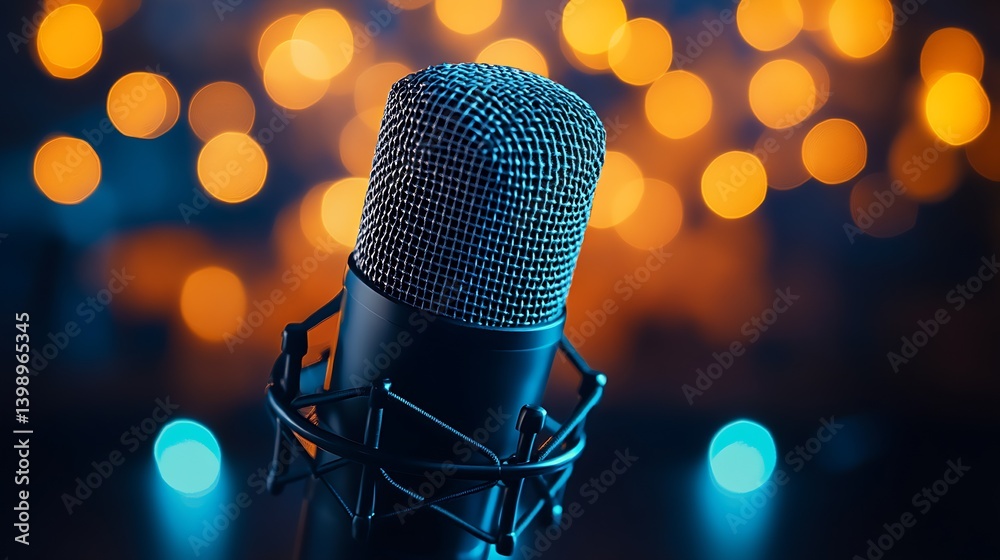 Close Up of a Microphone with Soft Blurred Lights in the Background for Music Events : Generative AI