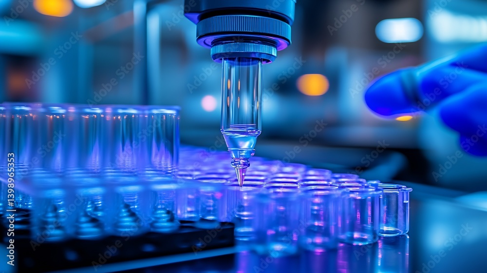Detailed view of a precision pipette dispensing liquid into test tubes in a glowing laboratory : Generative AI
