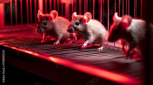 Obraz na płótnie Three charming brown mice moving along a cage wire under soft red lighting creating a cozy atmosphere : Generative AI w salonie