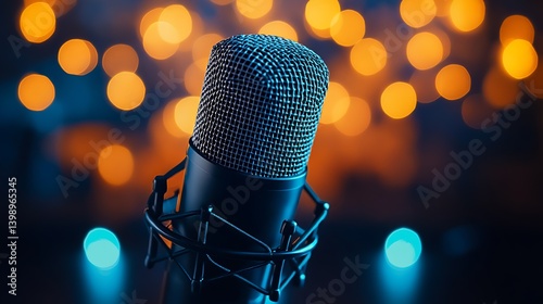 Obraz na płótnie Close Up of a Microphone with Soft Blurred Lights in the Background for Music Events : Generative AI w salonie