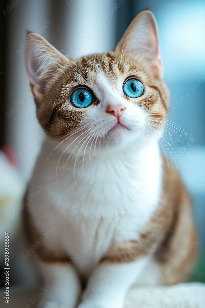 Adorable young cat with striking blue eyes gazing curiously at its surroundings indoors : Generative AI