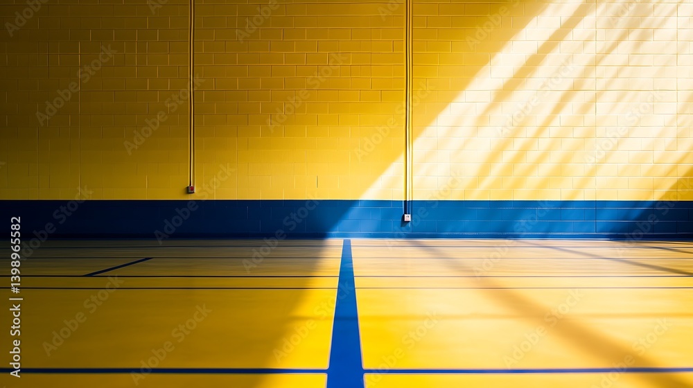 Vibrant Yellow Gymnasium Floor with Blue Lines and Sunlight Shadows : Generative AI