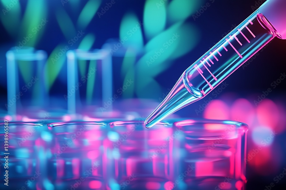 Sleek Pipette Dropping Liquid into Transparent Test Tubes Surrounded by Colorful Bokeh Lights : Generative AI
