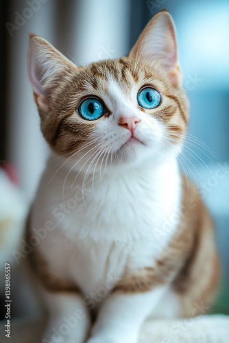 Obraz na płótnie Adorable young cat with striking blue eyes gazing curiously at its surroundings indoors : Generative AI w salonie