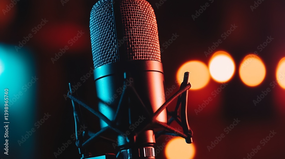 High quality close up of a professional microphone with colorful lights in the background : Generative AI