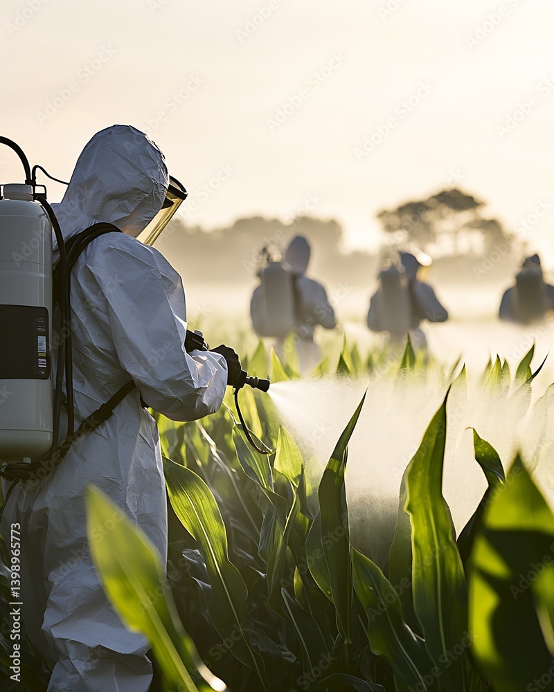 Focused view of an agricultural worker in a protective suit using a sprayer in a cornfield at sunrise for pesticide application : Generative AI