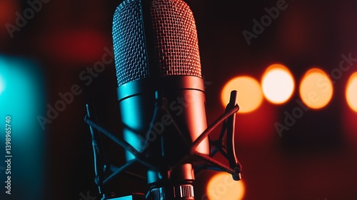 Obraz na płótnie High quality close up of a professional microphone with colorful lights in the background : Generative AI w salonie