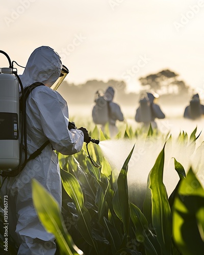 Obraz na płótnie Focused view of an agricultural worker in a protective suit using a sprayer in a cornfield at sunrise for pesticide application : Generative AI w salonie