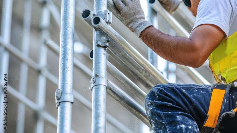 A Hispanic construction worker preparing a scaffolding system at a construction site. Featuring teamwork and skill A Hispanic construction worker preparing a scaffolding system at a construction site. Featuring teamwork and skill