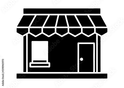 Simple Store Silhouette: A clean, minimalistic silhouette of a storefront, featuring a classic awning, window, and door. Perfect for representing retail, small business, and entrepreneurial concepts.