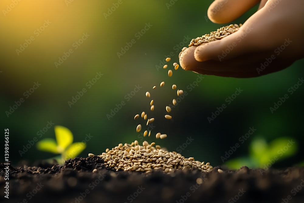 Hand scattering seeds over fresh soil in a vibrant garden setting to promote growth and nurture nature : Generative AI