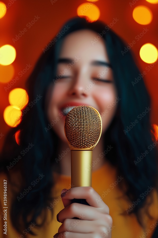 Young woman passionately singing into a golden microphone glowing with warm bokeh lights in the background : Generative AI