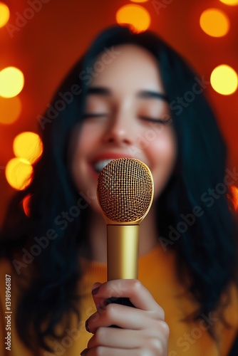 Obraz na płótnie Young woman passionately singing into a golden microphone glowing with warm bokeh lights in the background : Generative AI w salonie