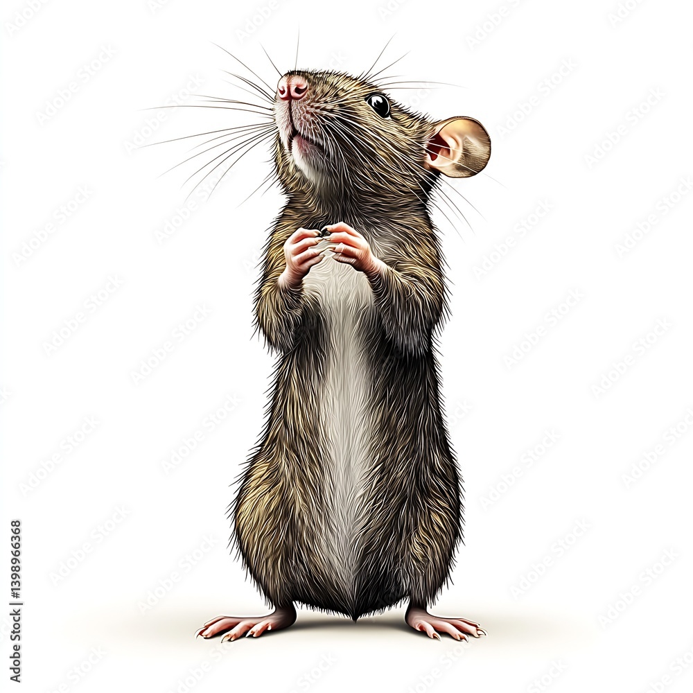 Charming depiction of a brown rat standing tall with its paws clasped together looking around in an innocent manner : Generative AI