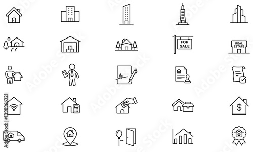 Editable stroke icon collection featuring 25 real estate icons including houses, apartments, agents, contracts, loans, and more. Perfect for real estate and housing design needs.