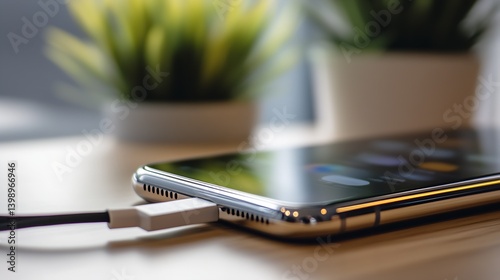 Close-up of a smartphone being charged with a black cable on a wooden table surrounded by greenery : Generative AI