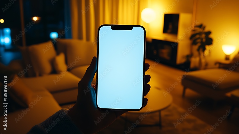Smartphone with blank screen in cozy living room illuminated by warm lights : Generative AI