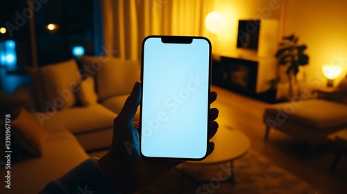 Smartphone with blank screen in cozy living room illuminated by warm lights : Generative AI